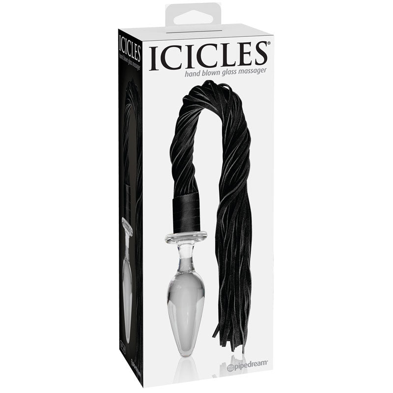 Pipedream Icicles No. 49 Leather Flogger With 4 in. Glass Anal Plug Handle Clear/Black