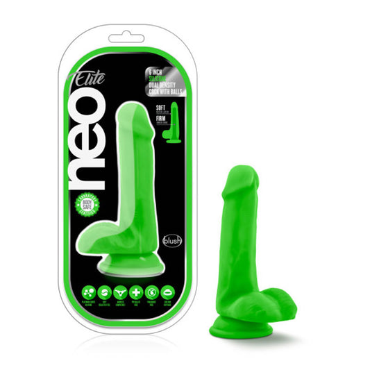 Blush Neo Elite 6 in. Silicone Dual Density Dildo with Balls & Suction Cup Neon Green