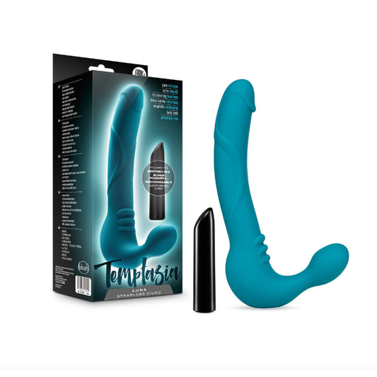 Blush Temptasia Luna 9 in. Silicone Strapless Strap-On Dildo with Rechargeable Bullet Vibrator Teal