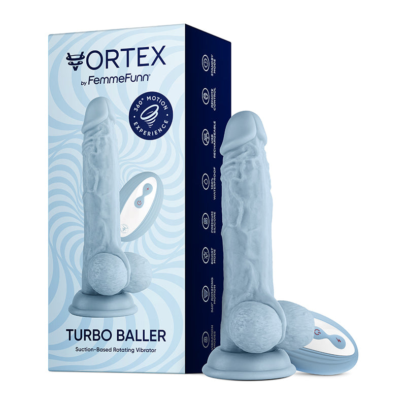 FemmeFunn Vortex Turbo Baller 2.0 Rechargeable Remote-Controlled 8.25 in. Silicone Vibrating Rotating Dildo with Balls & Suction Cup Light Blue