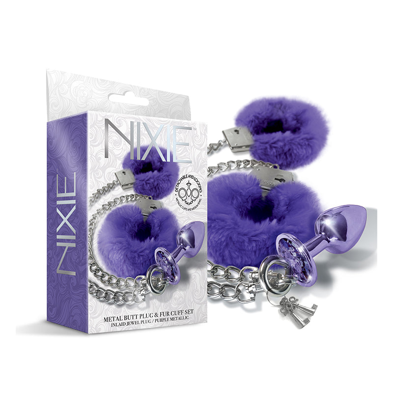 Nixie Metal Butt Plug & Furry Handcuff Set Medium Purple Metallic